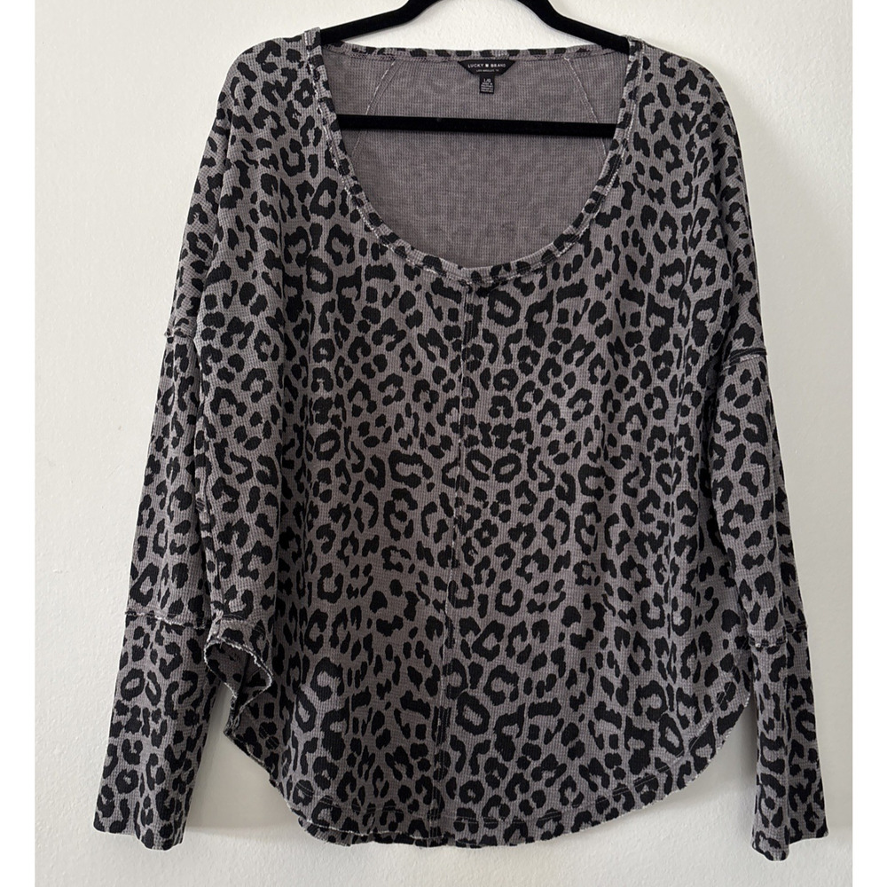 Womens L Oversized Leopard Print Long Sleeve Top Black Gray Lucky Brand